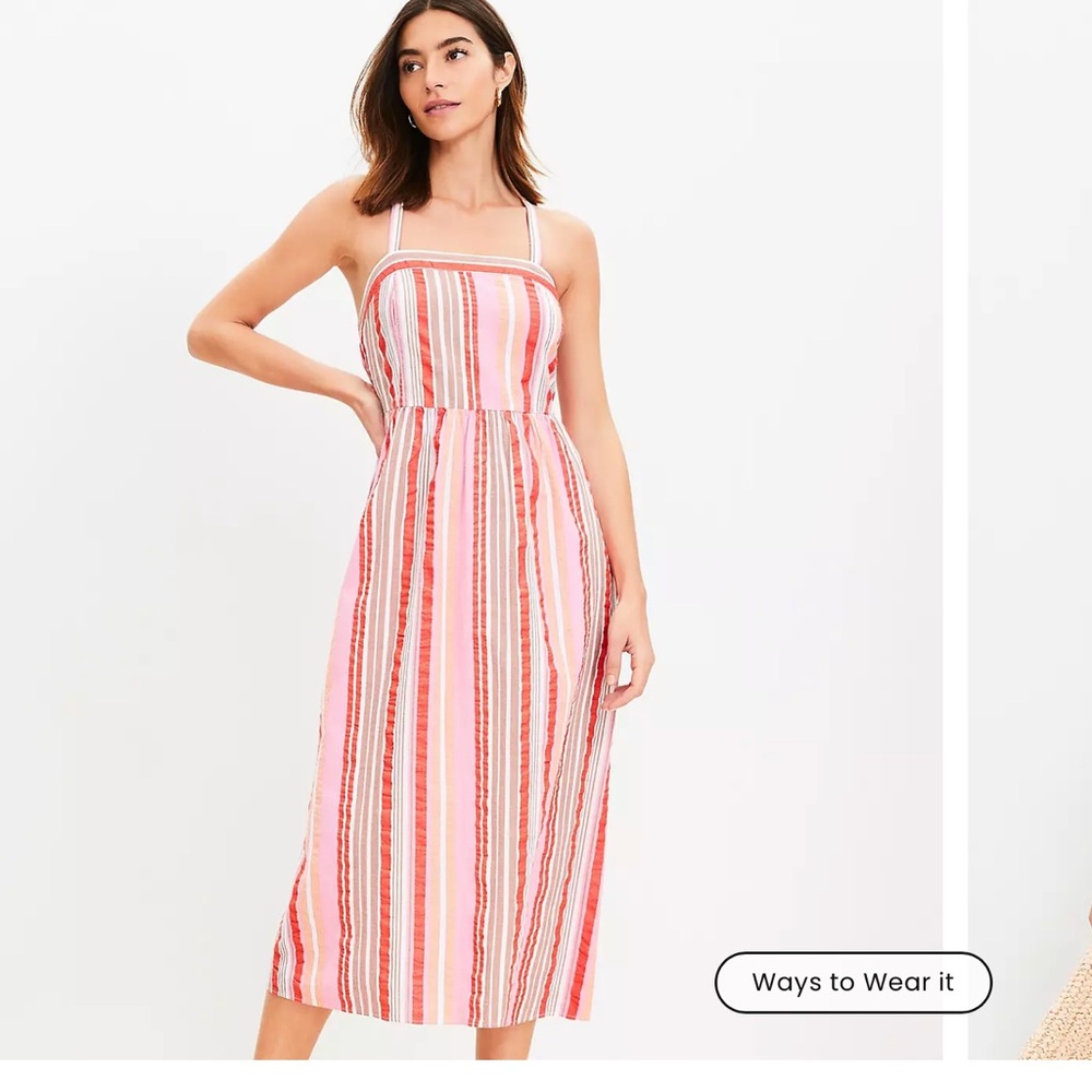 LOFT Asymmetrical Tiered Red and White Midi Sundress